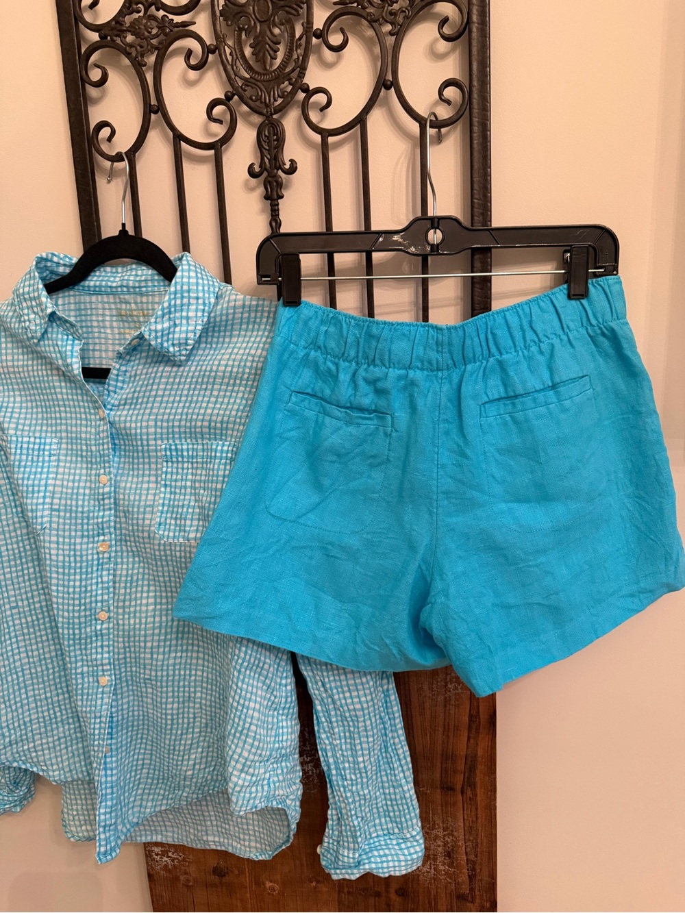 Lilly Pulitzer Turquoise Button-Down linen gingham Shirt and shorts set - Picture 7 of 7